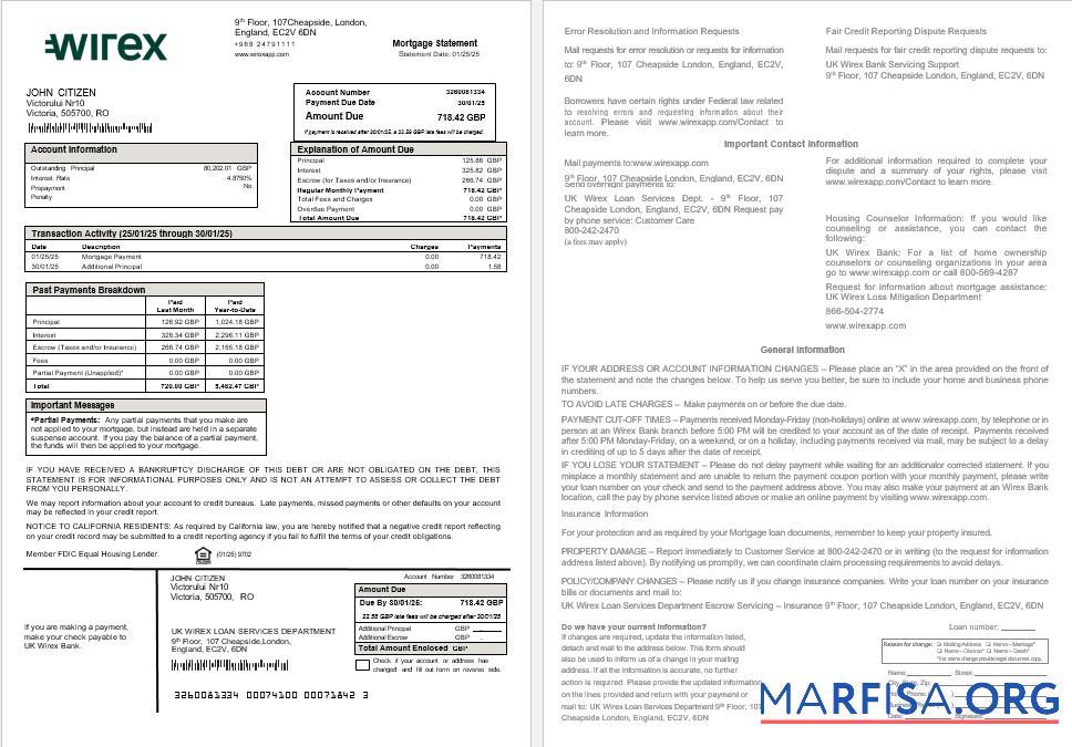 Blank UK Wirex mortgage statement in Word and PDF formats template